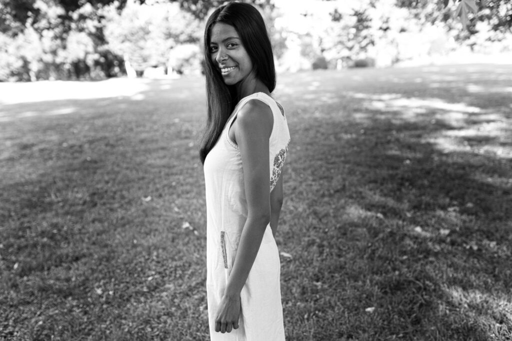 Fateh Jot Kaur in a white dress
